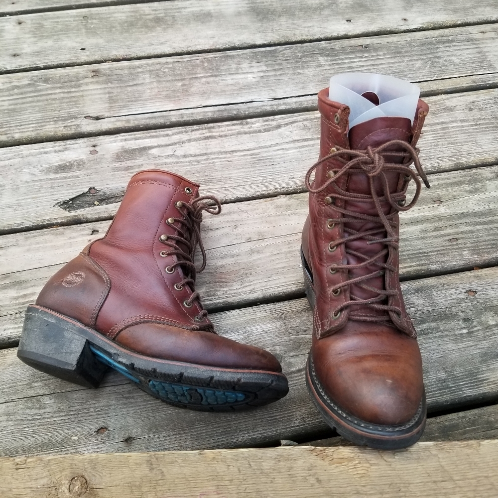 Vintage 90s Double H Western Boho Packer Roper Lacer Steampunk Grunge Boots 7.5